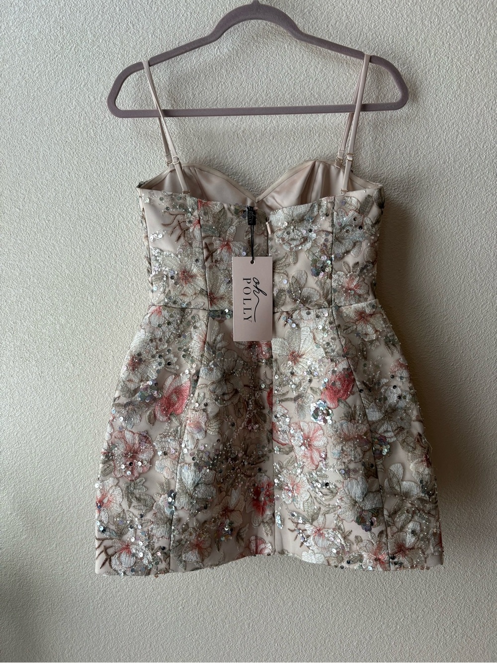 Oh Polly "Dahlia" Beige Floral Embellished Strapless A-line Mini Dress - Picture 5 of 6
